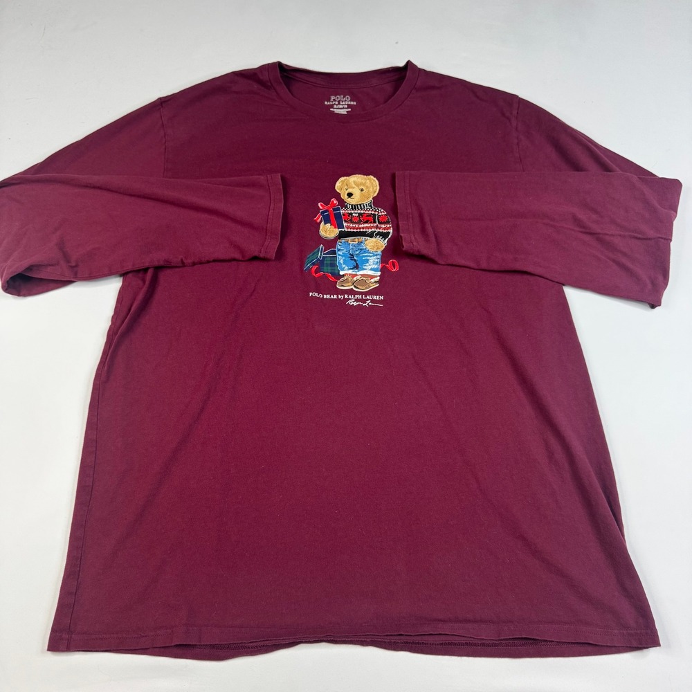 Polo Bear Ralph Lauren T-Shirt Mens XL Burgundy Long Sleeve Holiday Graphic - Picture 2 of 8
